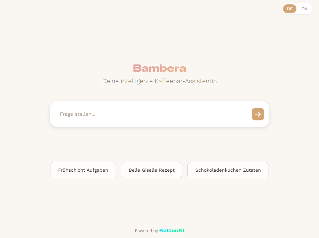 Bambera Startbildschirm mit vorgeschlagenen Fragen