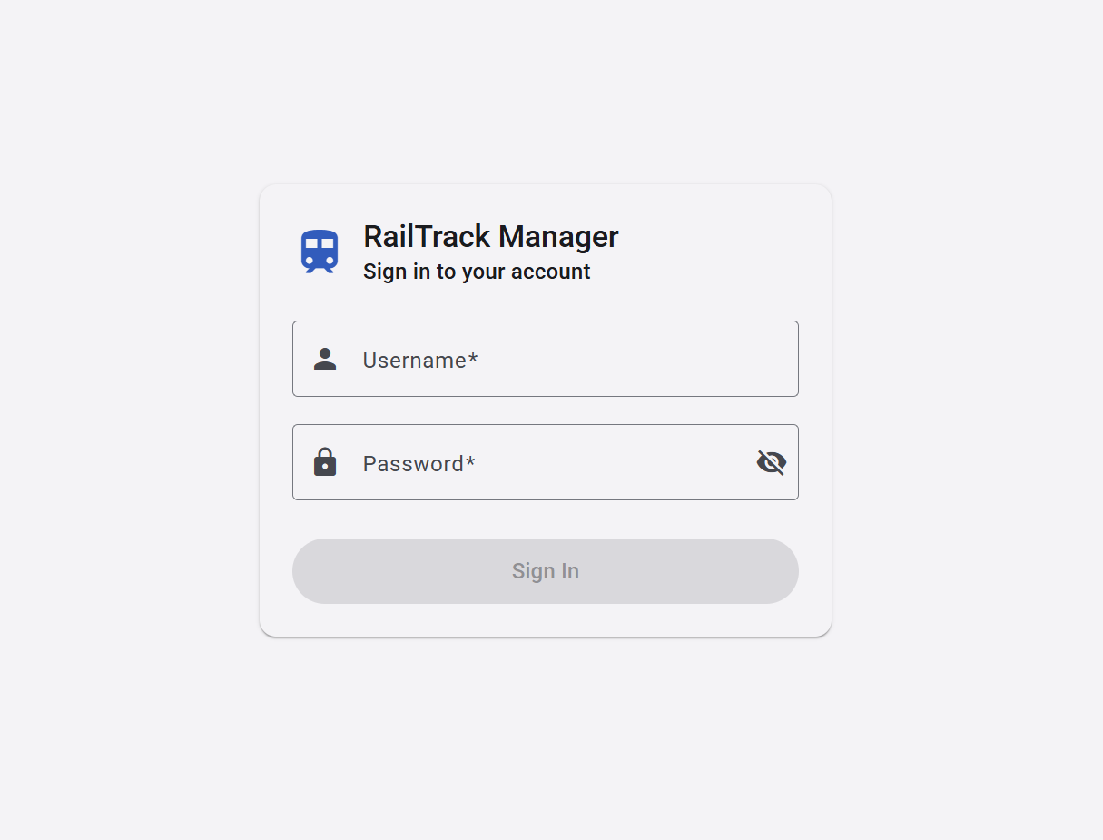 RailTrack Manager Login-Bildschirm