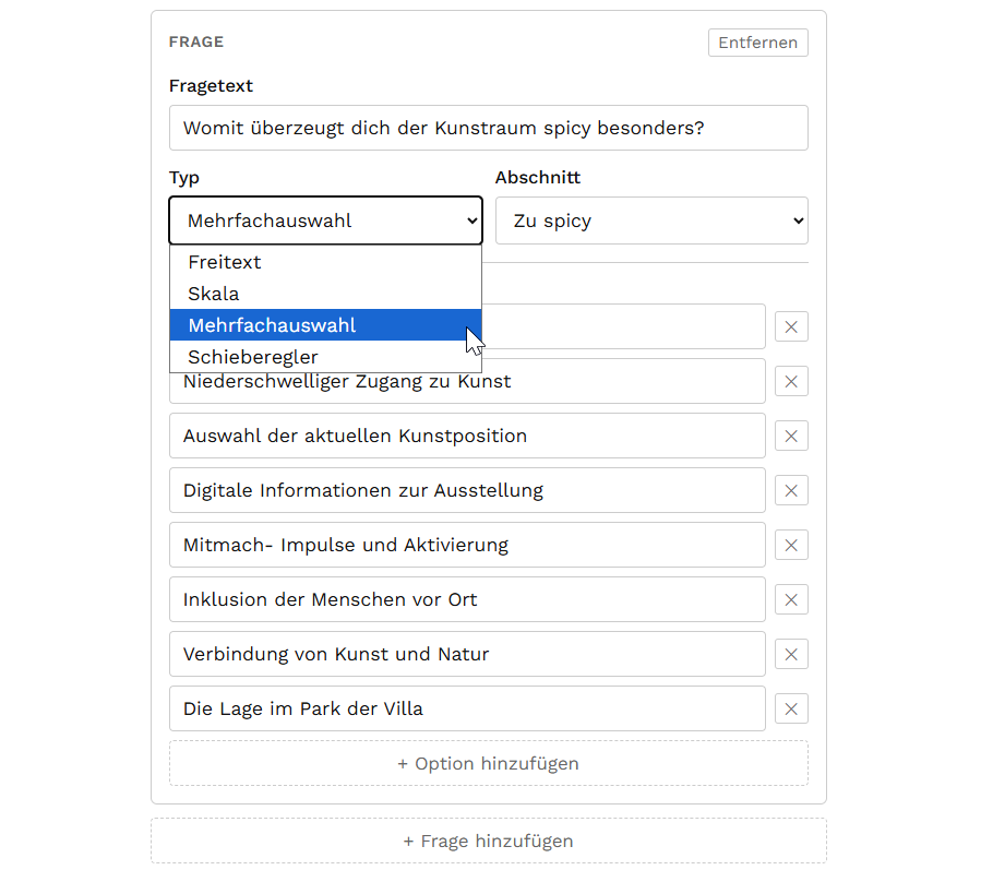 Spicy Feedback Tool neue Frage konfigurieren