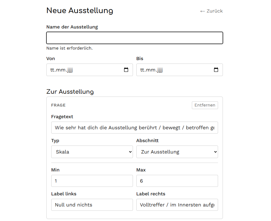 Spicy Feedback Tool neue Ausstellung anlegen