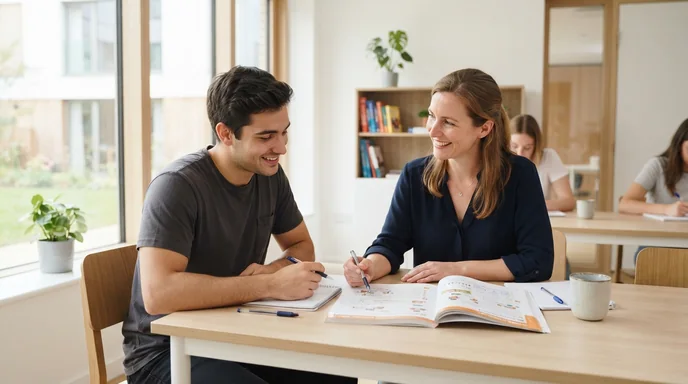 Lehrerin und Teilnehmer arbeiten gemeinsam an einem Lehrbuch